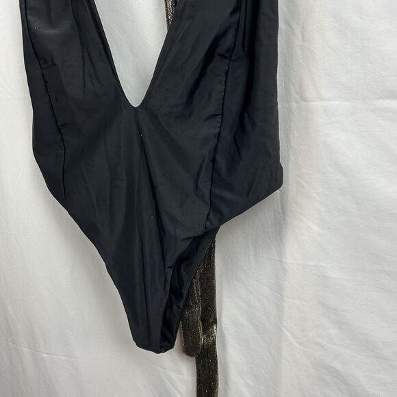 OMG Miami Swimwear Black Swimsuit Size Large Metallic Gold Tie Backs Revealing - Picture 4 of 11